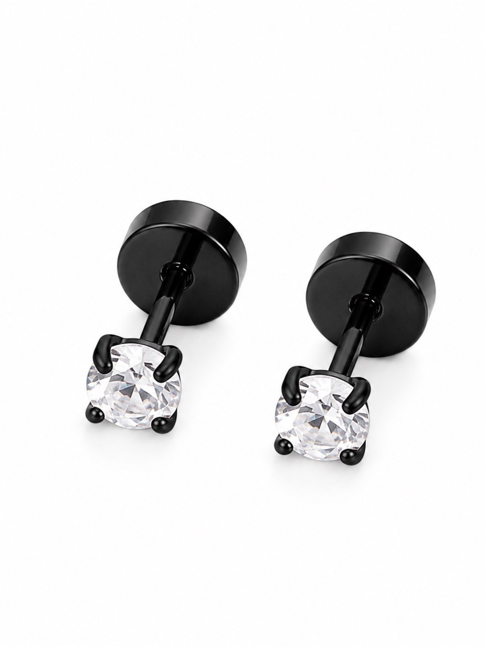 Black Stainless Steel Round CZ Flat Back Stud Earrings